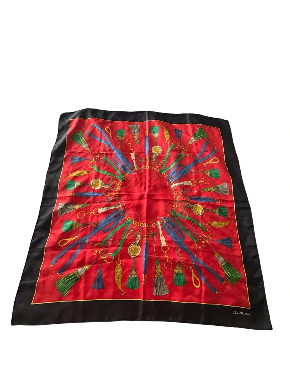 Celine Red Silk Scarf with Black Border and Multicolor Tassels
